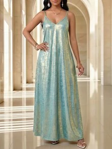 Fleurora Plus Size Mint Green Light Blue,Summer,Elegant,Night Out Club Metallic Shimmering Spaghetti Strap Sleeveless Long Wedding Guest Dress For Women Party - Baby Blue - View 3