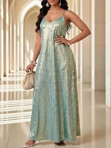 Fleurora Plus Size Mint Green Light Blue,Summer,Elegant,Night Out Club Metallic Shimmering Spaghetti Strap Sleeveless Long Wedding Guest Dress For Women Party - Baby Blue - View 5