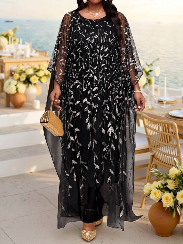 Fleurora Plus Size Elegant Sequin Embroidery Mesh Black Summer Dress For Women, Al-Adha Vacation Country Wedding Guest Party Luxury Evening Cocktail Gown - Black - View 6