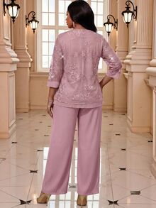 Fleurora Plus Size Elegant Party Lace Patchwork Top And Pants 2 Pieces Set Fall - Pink - View 2