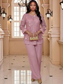 Fleurora Plus Size Elegant Party Lace Patchwork Top And Pants 2 Pieces Set Fall - Pink - View 6