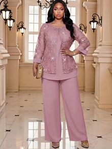 Fleurora Plus Size Elegant Party Lace Patchwork Top And Pants 2 Pieces Set Fall - Pink - View 5