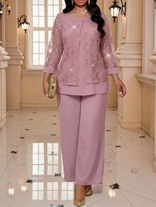 Fleurora Plus Size Elegant Party Lace Patchwork Top And Pants 2 Pieces Set Fall - Pink - View 3