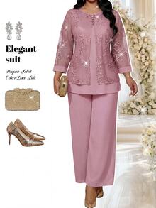 Fleurora Plus Size Elegant Party Lace Patchwork Top And Pants 2 Pieces Set Fall - Pink - View 1