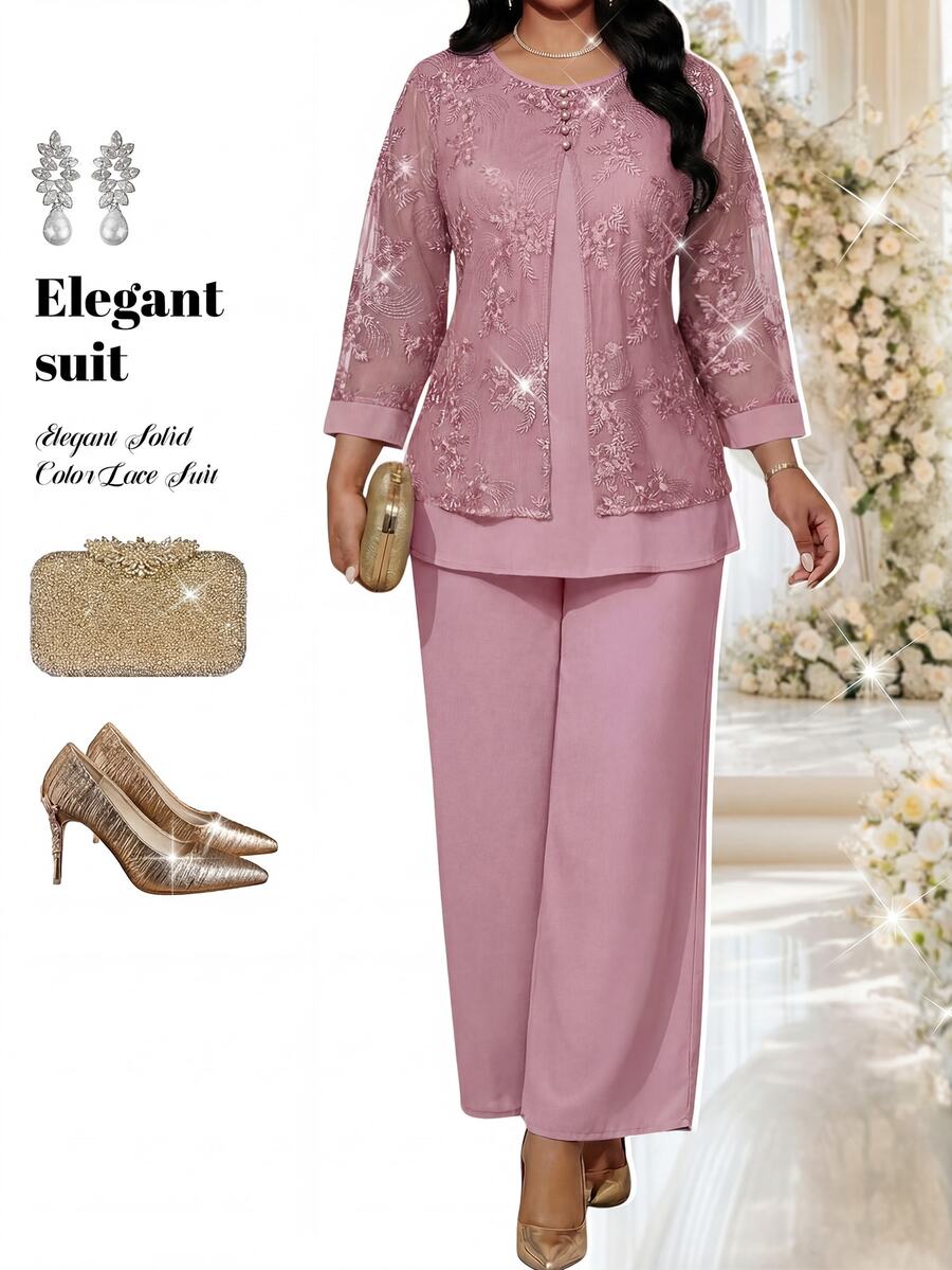 Fleurora Plus Size Elegant Party Lace Patchwork Top And Pants 2 Pieces Set Fall - Pink - View 1