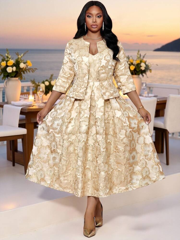 Fleurora Plus Size Gold Winter Elegant Formal Wedding Jacquard Jacket And Slip Dress 2 Pieces Set For Ladies,Special Occasion Reception Party Dress Design 2026 - Gold - View 5