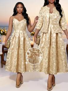 Fleurora Setelan 2 Potong Jaket dan Gaun Dalam Jacquard Formal Elegan Musim Dingin Warna Emas Ukuran Plus untuk Wanita, Gaun Pesta Resepsi Acara Spesial Desain 2026 - Emas - View 6