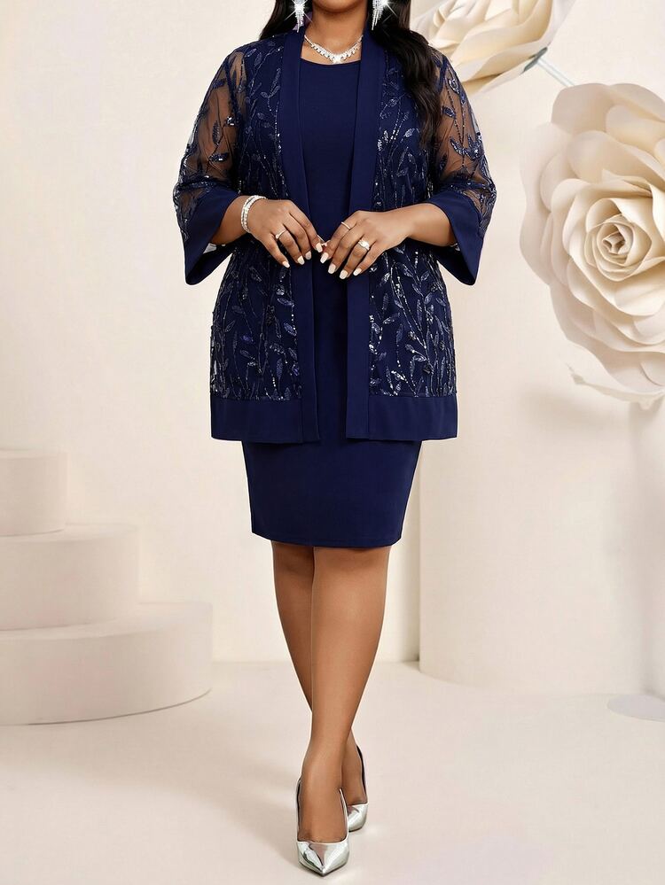 Fleurora Plus Size Vacation Minimalist Solid Color Round Neck Dress And Embroidered Top 2-Piece Set Fall - Royal Blue - View 5