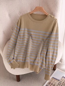 CosyJoli Suéter de talla grande con patrón de rayas y detalle de botones - Multicolor - Ver 1