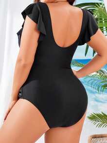 Swim Lushoire 大码女式纯色交叉肩带荷叶边袖连体泳衣黑色连体泳衣适合海滩度假夏季 - 黑色 - 查看 2