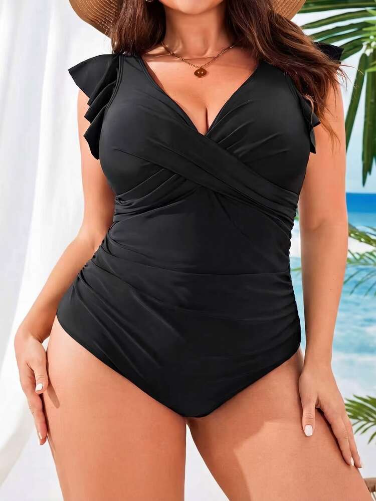 Swim Lushoire Plus Size Women's Solid Color Crossed Strap Flounce Sleeve One-Piece Swimsuit Black One-Piece Bathing Suit For Beach Vacation Summer - Black - View 5