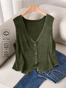 CosyJoli Plus Size Women V-Neck Single-Breasted Casual Tank Top - Green - View 1