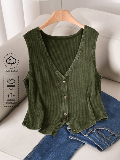 CosyJoli Plus Size Women V-Neck Single-Breasted Casual Tank Top