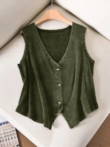 CosyJoli Plus Size Women V-Neck Single-Breasted Casual Tank Top - Green - View 3