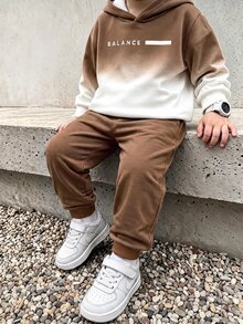 小男孩休閒簡約寬鬆長袖連帽衛衣兩件套，適合秋冬穿著 - 彩色 - 查看 1