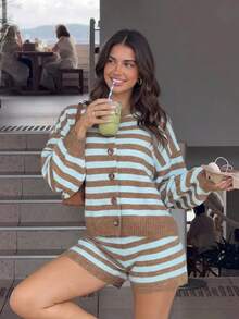 Siren Gaze Vintage Retro 70s Bohemian Casual Blue And Brown Striped Long Sleeve Cardigan Mini Shorts 2 Pieces Set Autumn Vacation Music Festival Cozy Knit Brunch - Multicolor - View 5
