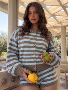 Siren Gaze Vintage Retro 70s Bohemian Casual Blue And Brown Striped Long Sleeve Cardigan Mini Shorts 2 Pieces Set Autumn Vacation Music Festival Cozy Knit Brunch - Multicolor - View 7
