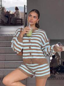Siren Gaze Vintage Retro 70s Bohemian Casual Blue And Brown Striped Long Sleeve Cardigan Mini Shorts 2 Pieces Set Autumn Vacation Music Festival Cozy Knit Brunch - Multicolor - View 8
