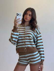Siren Gaze Vintage Retro 70s Bohemian Casual Blue And Brown Striped Long Sleeve Cardigan Mini Shorts 2 Pieces Set Autumn Vacation Music Festival Cozy Knit Brunch - Multicolor - View 6