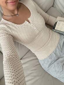 CovetEZ Casual Minimalist Pale Yellow Background Light Brown Polka Dot All-Over Print Women's Fitted Button-Up Long Sleeve T-Shirt Suitable For Autumn/Winter - Multicolor - View 5