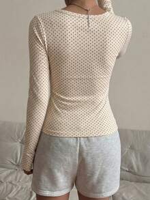 CovetEZ Casual Minimalist Pale Yellow Background Light Brown Polka Dot All-Over Print Women's Fitted Button-Up Long Sleeve T-Shirt Suitable For Autumn/Winter - Multicolor - View 2