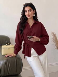 Feyla Women's Elegant Asymmetric Collar Button Tie Blouse For Business Office - Red - View 3