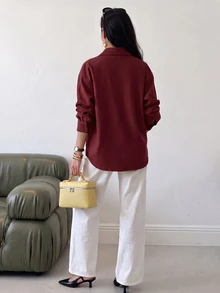 Feyla Women's Elegant Asymmetric Collar Button Tie Blouse For Business Office - Red - View 2