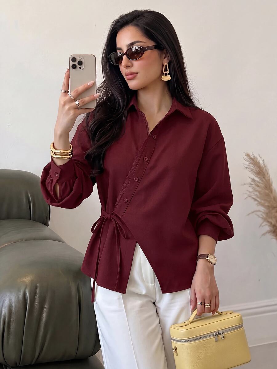 Feyla Women's Elegant Asymmetric Collar Button Tie Blouse For Business Office - Red - View 1