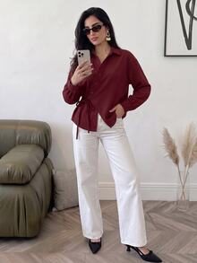 Feyla Women's Elegant Asymmetric Collar Button Tie Blouse For Business Office - Red - View 4