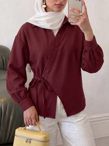 Feyla Women's Elegant Asymmetric Collar Button Tie Blouse For Business Office - Red - View 6