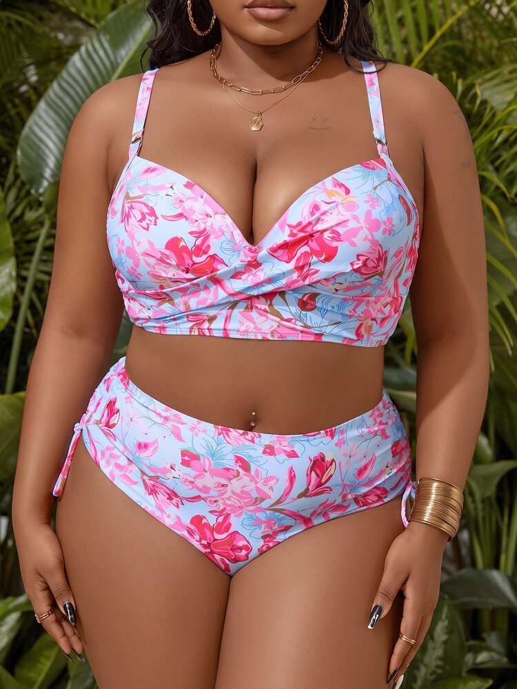 Slaydiva Summer Beach Women's Plus Size Floral Print Cross Cami Bikini Set Carnival - Multicolor - View 5