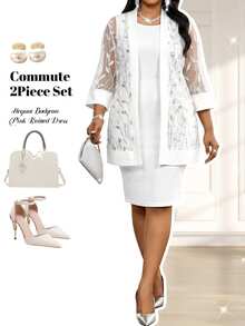 Fleurora Plus Size White Beaded Mesh Splice Sleeveless Dress & Jacket 2 Pieces Set,Elegant Summer Bridal Traditional Wedding Party Graduation Outfit For Women - White - View 1