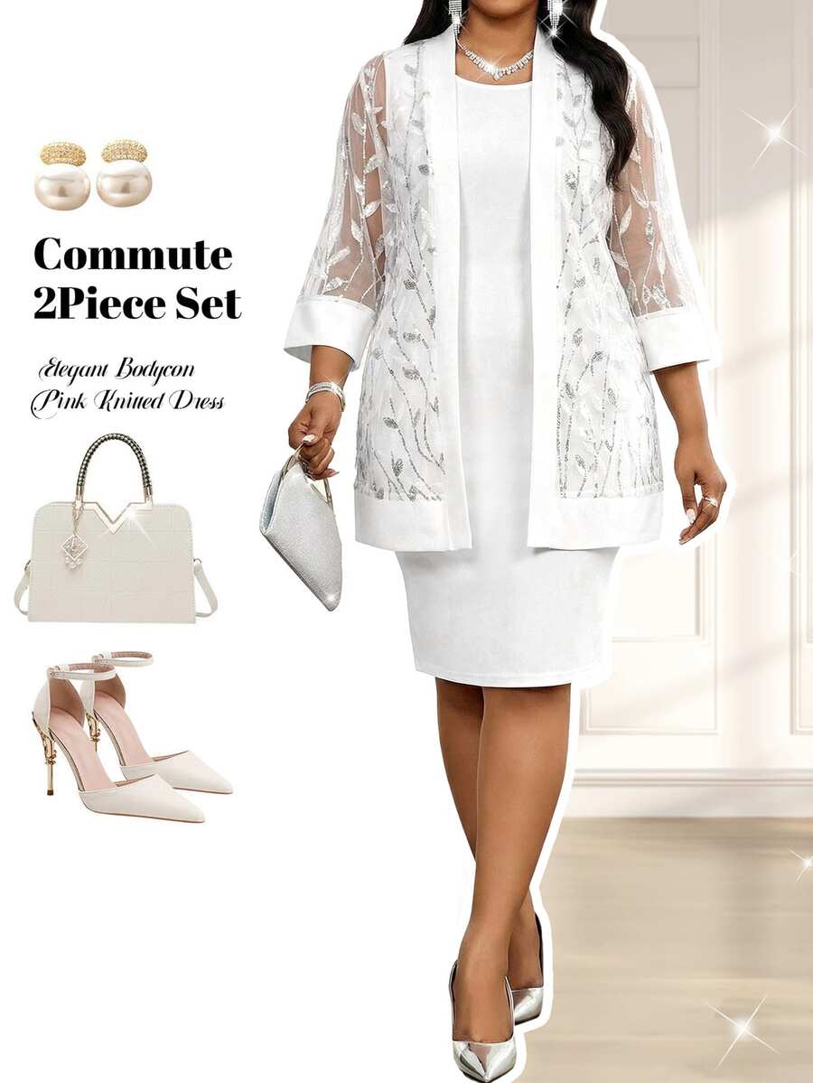 Fleurora Plus Size White Beaded Mesh Splice Sleeveless Dress & Jacket 2 Pieces Set,Elegant Summer Bridal Traditional Wedding Party Graduation Outfit For Women - White - View 1