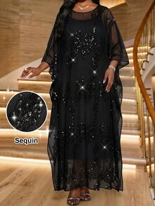 Fleurora Plus Size Elegant Party Sequin Embroidered Dress Fall - Black - View 5