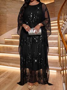 Fleurora Plus Size Elegant Party Sequin Embroidered Dress Fall - Black - View 4