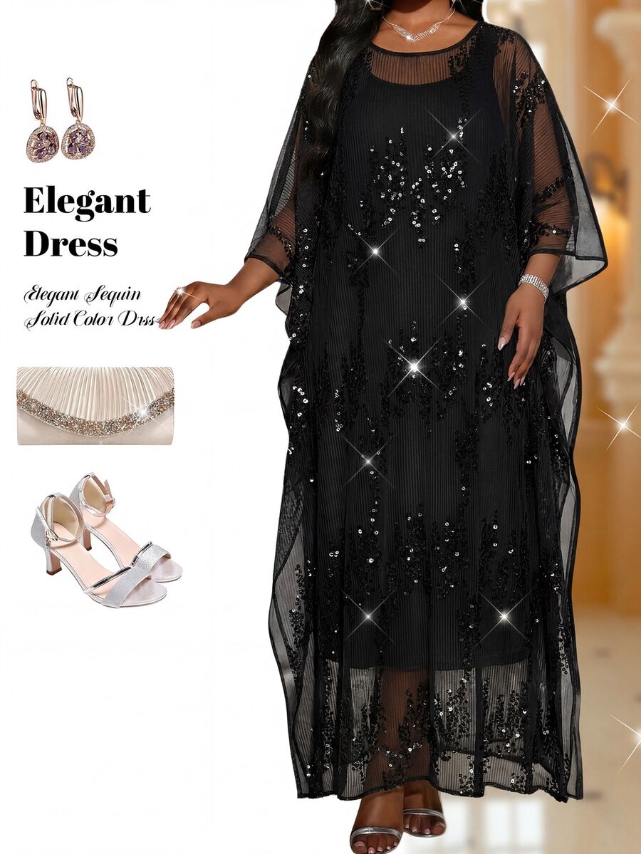 Fleurora Plus Size Elegant Party Sequin Embroidered Dress Fall - Black - View 1