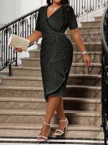 Fleurora Women's Elegant Black Autumn Formal Evening Wedding Party Dress,Retro Knitted Deep V Neck Rhinestone Ruffle Slim Plus Size Prom Dress,New Year Clothes - Black - View 3