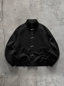 AXEPEAK Sweatshirt Kasual Lengan Panjang Pria Warna Polos dengan Gesper Pesawat Logam - Hitam - View 7