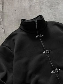 AXEPEAK Sweatshirt Kasual Lengan Panjang Pria Warna Polos dengan Gesper Pesawat Logam - Hitam - View 3
