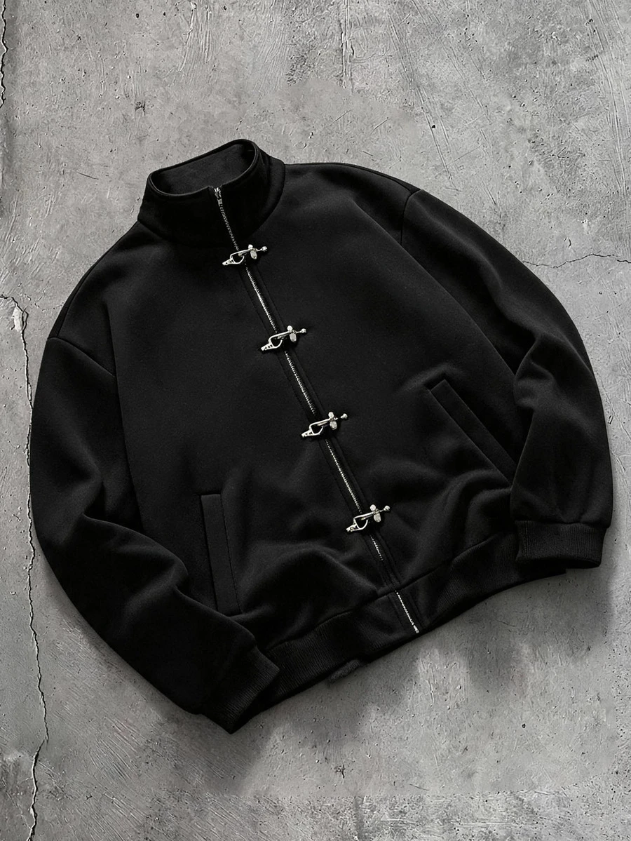 AXEPEAK Sweatshirt Kasual Lengan Panjang Pria Warna Polos dengan Gesper Pesawat Logam - Hitam - View 1
