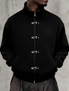 AXEPEAK Sweatshirt Kasual Lengan Panjang Pria Warna Polos dengan Gesper Pesawat Logam - Hitam - View 6