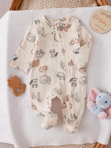 SHEIN 1pc Newborn Apricot Base Color Long Sleeve Footed Jumpsuit With Cartoon Animal Pattern, Home Wear, Best Gift For Newborns Autumn Fall - Apricot - View 3