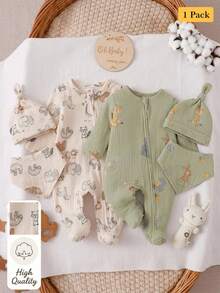 SHEIN 1pc Newborn Apricot Base Color Long Sleeve Footed Jumpsuit With Cartoon Animal Pattern, Home Wear, Best Gift For Newborns Autumn Fall - Apricot - View 1