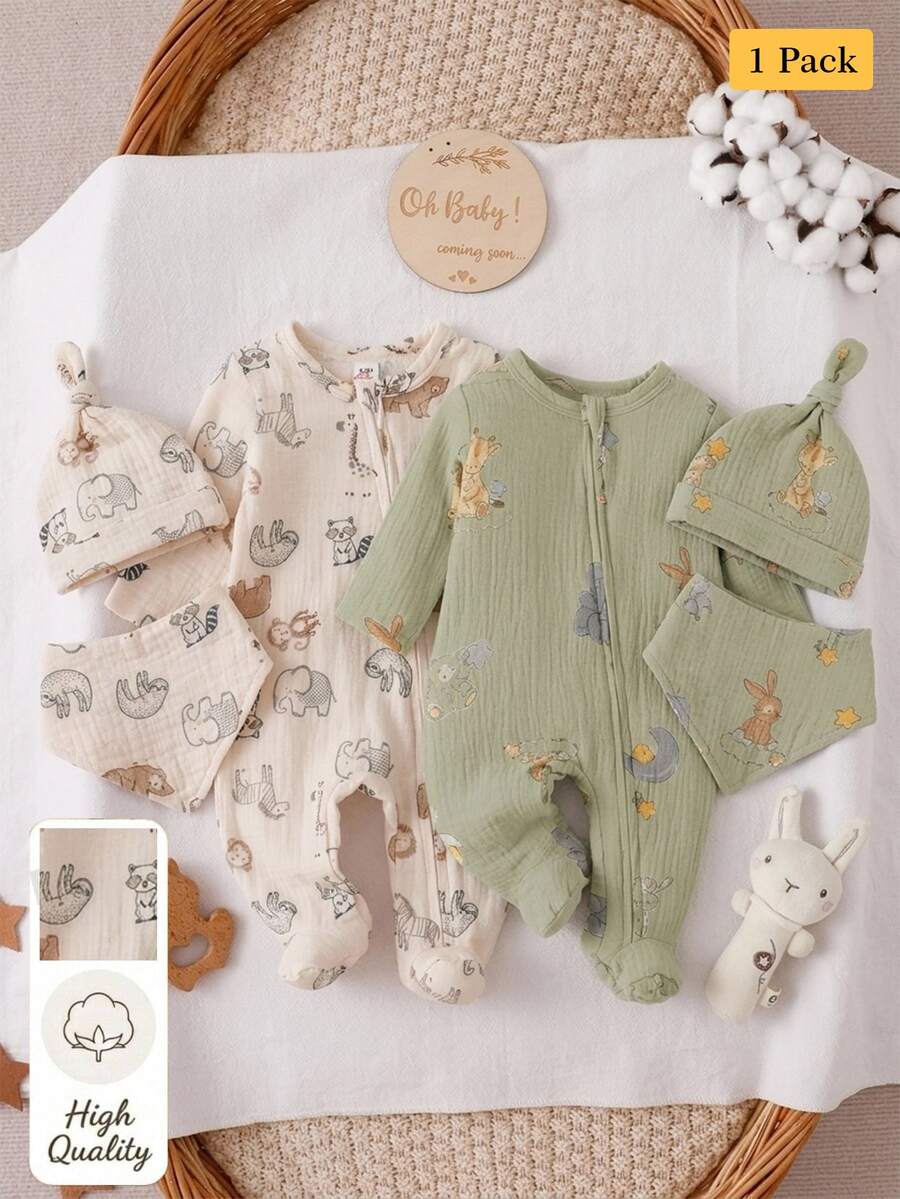 SHEIN 1pc Newborn Apricot Base Color Long Sleeve Footed Jumpsuit With Cartoon Animal Pattern, Home Wear, Best Gift For Newborns Autumn Fall - Apricot - View 1