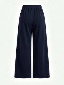Girlism Tween Girl Navy Blue Knit Loose Casual Drawstring Pocket Wide Leg Sweatpants Loose Fitting Pants Wide Leg Pants Navy Wide Leg Pants - Navy Blue - View 2