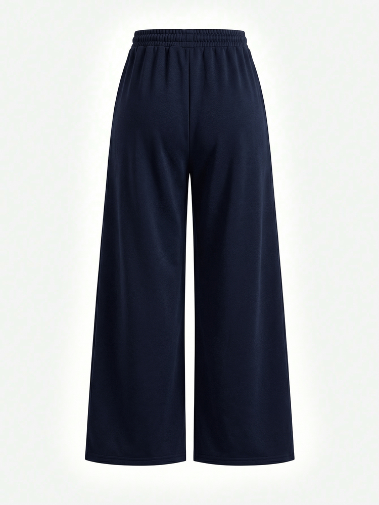 Girlism Tween Girl Navy Blue Knit Loose Casual Drawstring Pocket Wide Leg Sweatpants Loose Fitting Pants Wide Leg Pants Navy Wide Leg Pants - Navy Blue - View 2