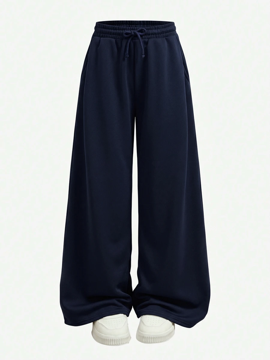 Girlism Tween Girl Navy Blue Knit Loose Casual Drawstring Pocket Wide Leg Sweatpants Loose Fitting Pants Wide Leg Pants Navy Wide Leg Pants - Navy Blue - View 1