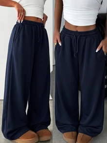 Girlism Tween Girl Navy Blue Knit Loose Casual Drawstring Pocket Wide Leg Sweatpants Loose Fitting Pants Wide Leg Pants Navy Wide Leg Pants - Navy Blue - View 3