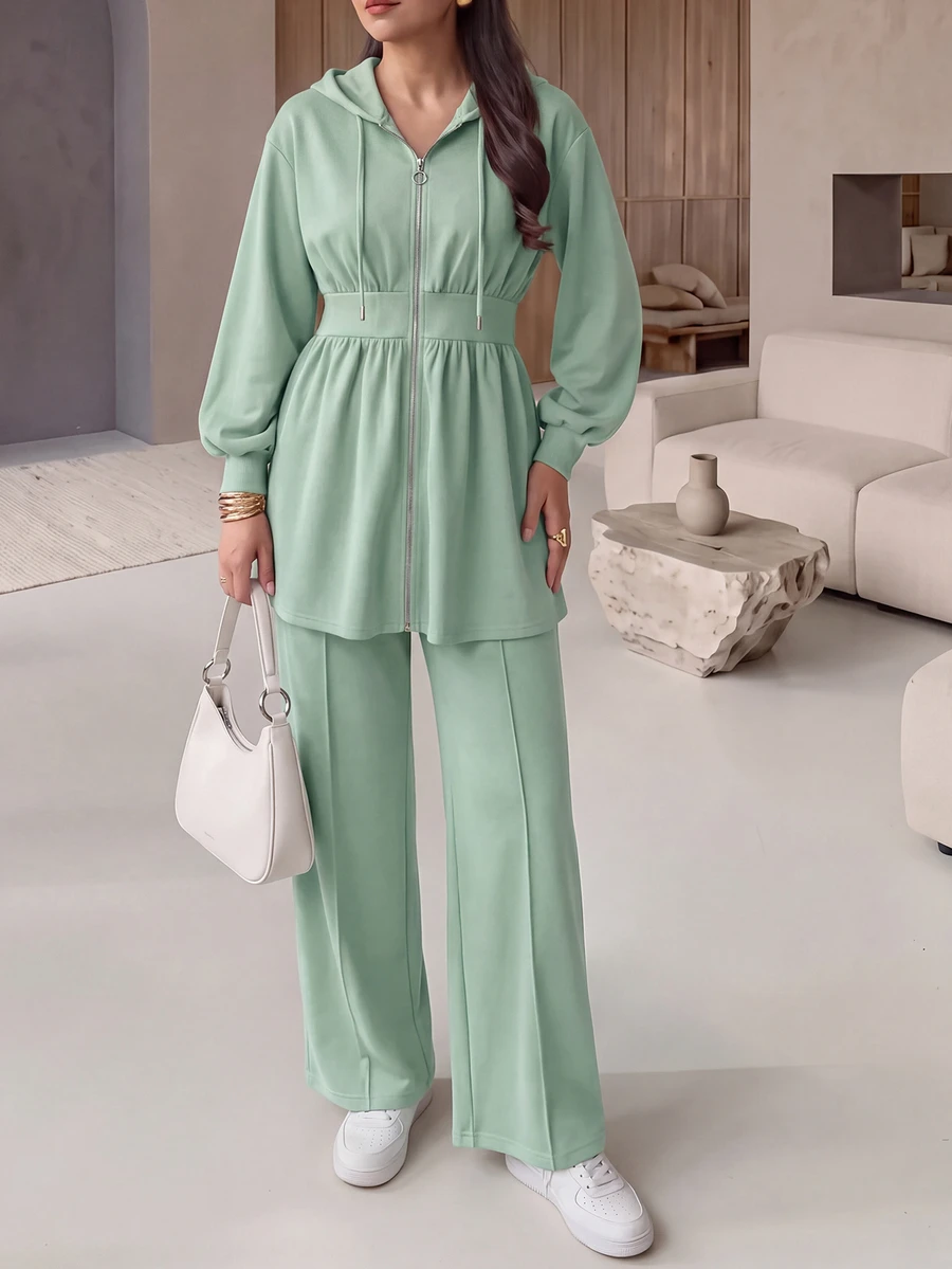 Seusyu Burgundy Slimming Zip-Up Hooded Casual Long Sleeve Jacket & Pants 2 Pieces Set For Women, Autumn/Winter - Green - View 1
