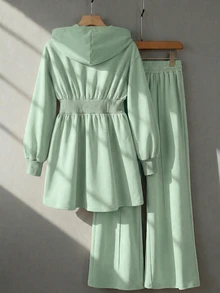 Seusyu Burgundy Slimming Zip-Up Hooded Casual Long Sleeve Jacket & Pants 2 Pieces Set For Women, Autumn/Winter - Green - View 2